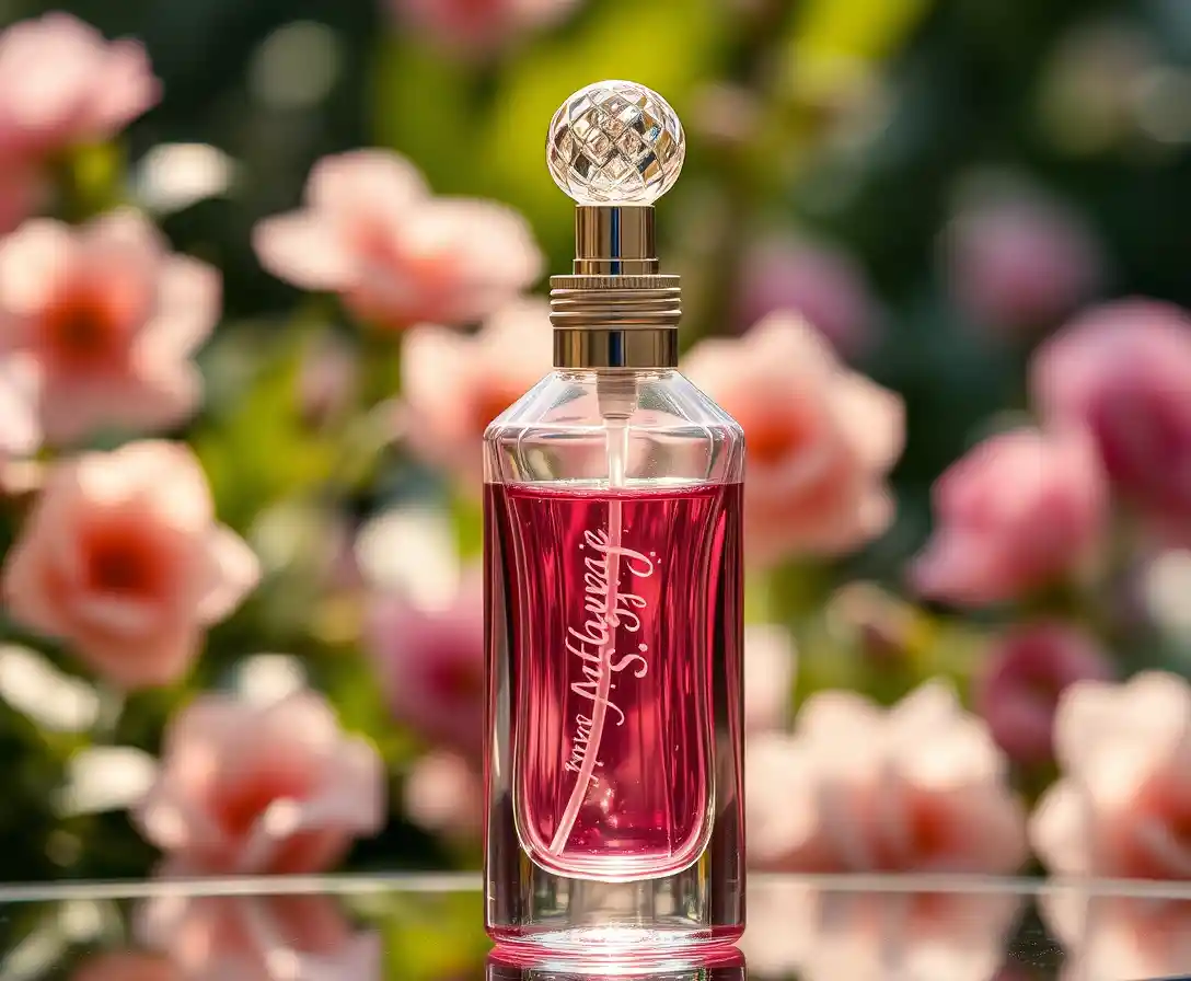 Elegant glass perfume bottle with pink shimmering liquid