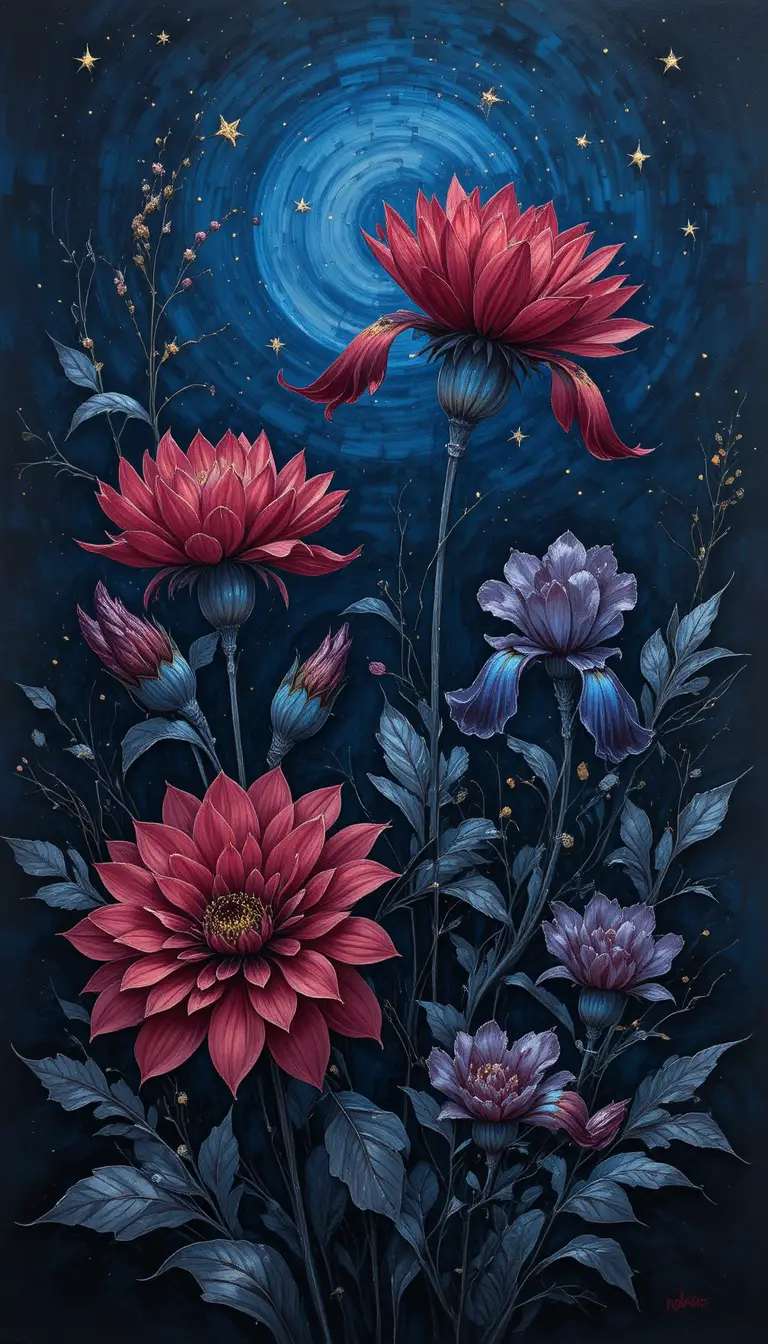 Nocturnal garden painting with dark dahlias and irises
