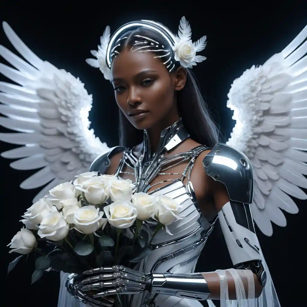 Celestial Cyborg Angel Woman With White Roses