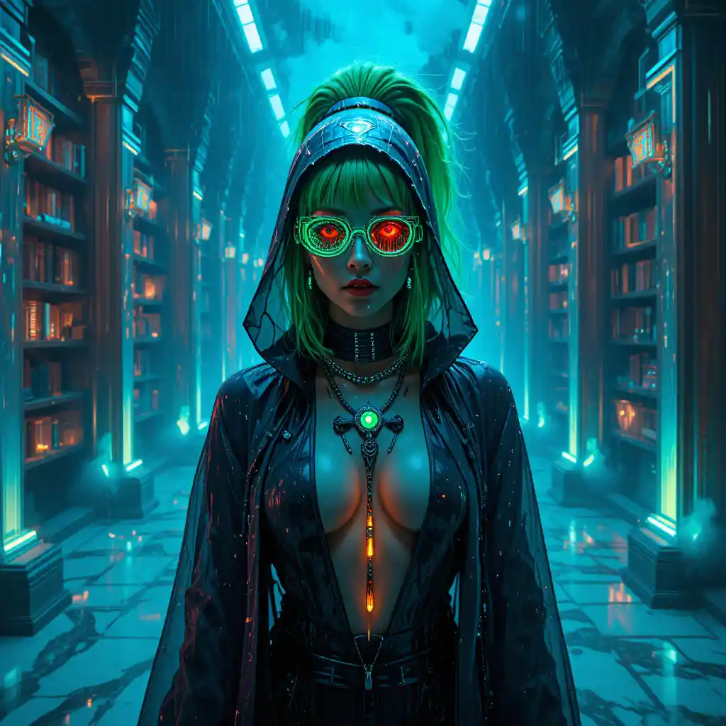 Ritratto di oracolo cyberpunk in una biblioteca al neon sommersa