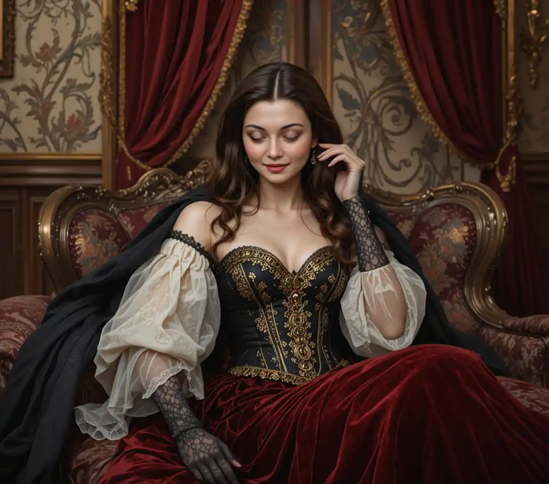 Elegante giovane donna che riposa su una chaise longue di velluto