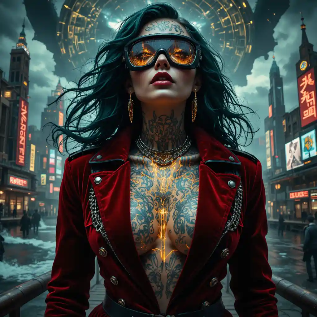 Retrato cyberpunk surreal de una poderosa mujer de cabello oscuro