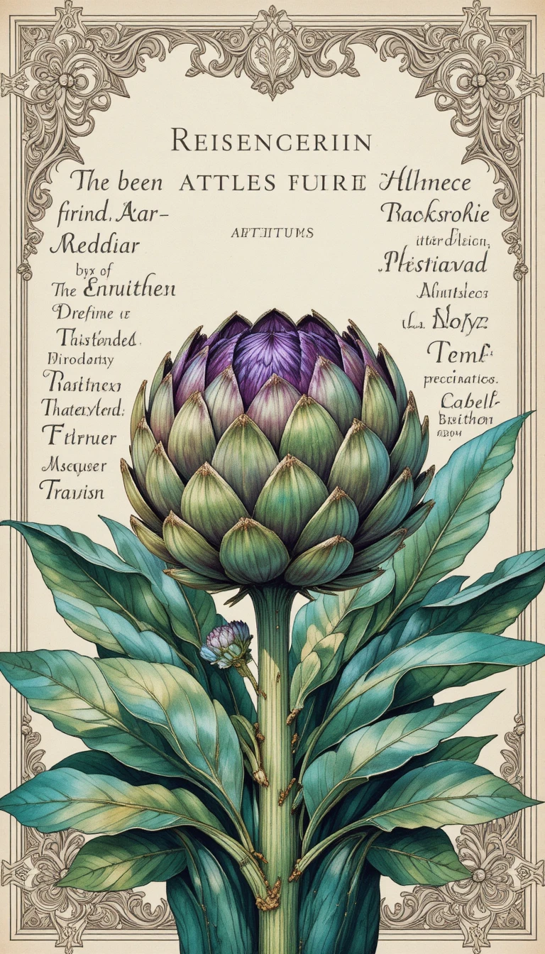 Antique botanical watercolor bouquet with artichokes and Latin script
