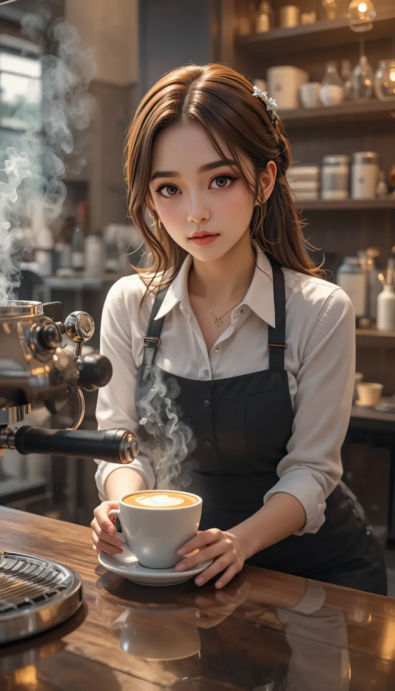 Alluring barista creating cute latte art in cozy cafe
