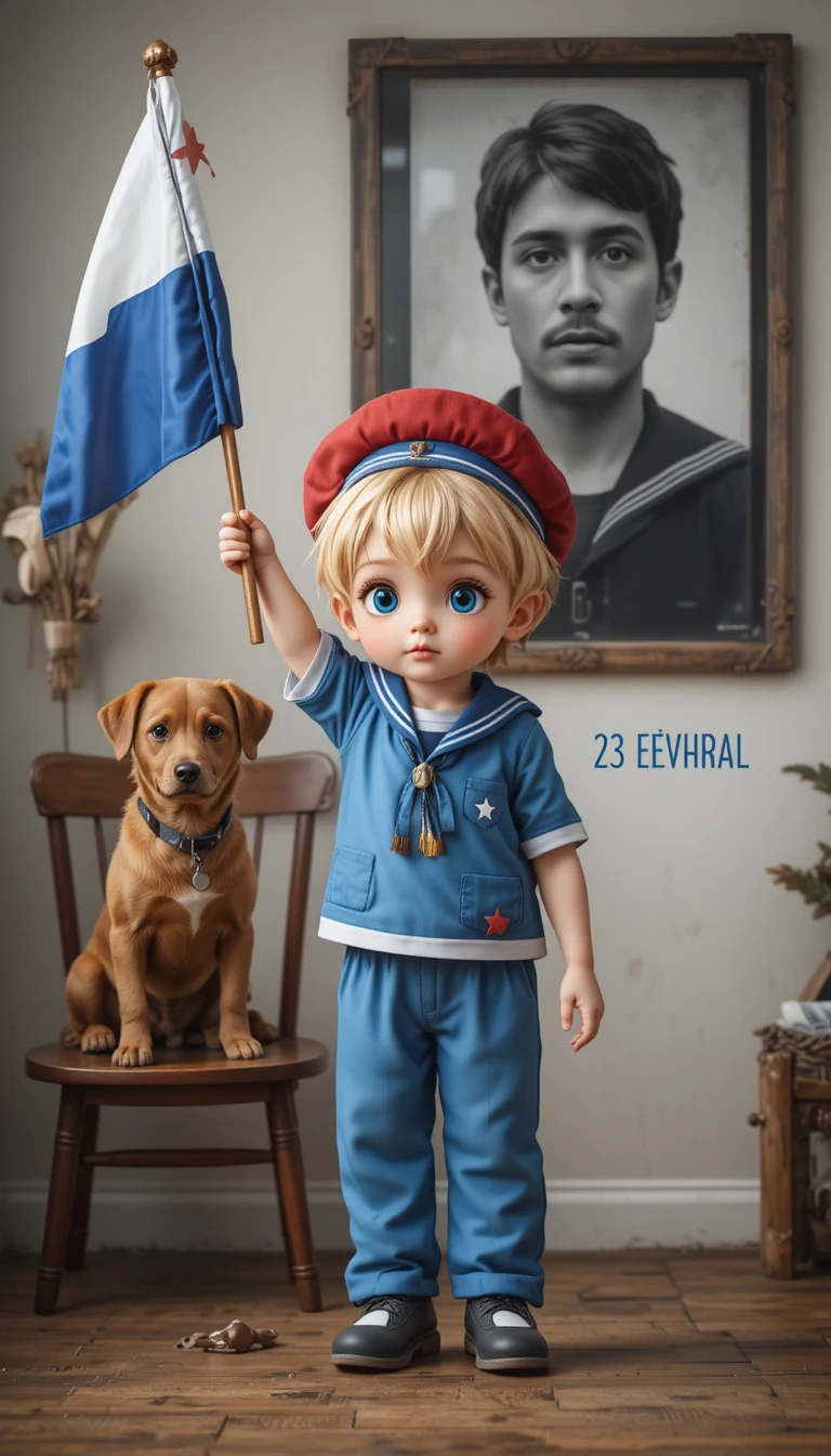 Niño rubio con traje de marinero levantando una bandera en interiores