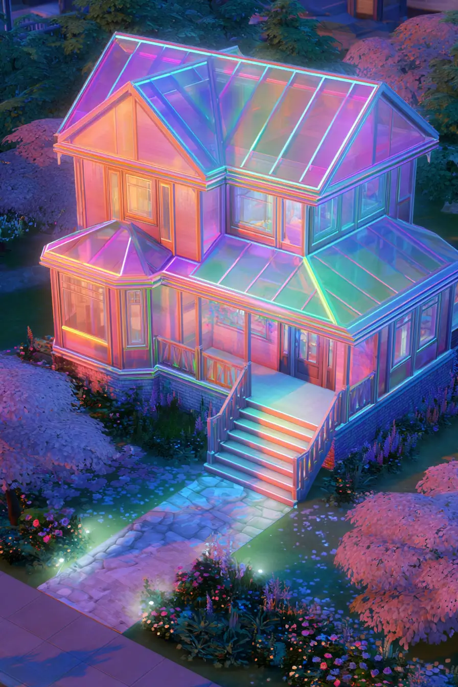 Magical iridescent piano shaped house with neon lights
