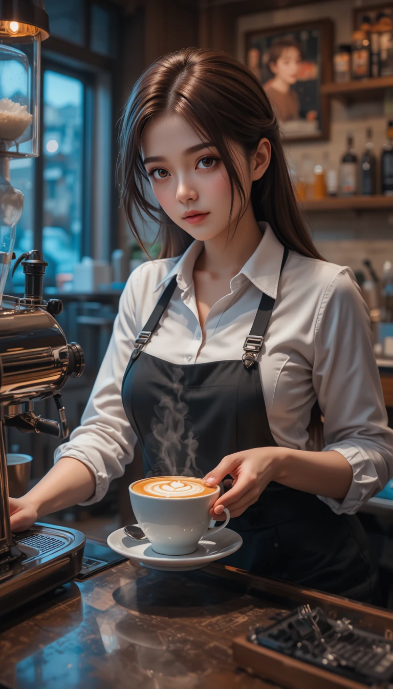 Barista femme en style anime réalisant un latte art dans un café cosy