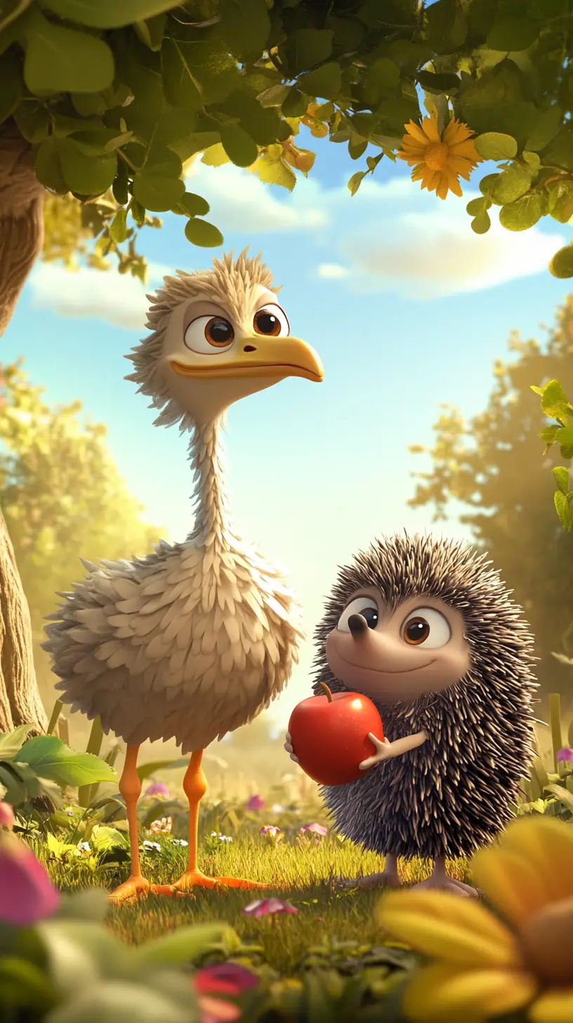 Cartoon ostrich and hedgehog sharing an apple in forest