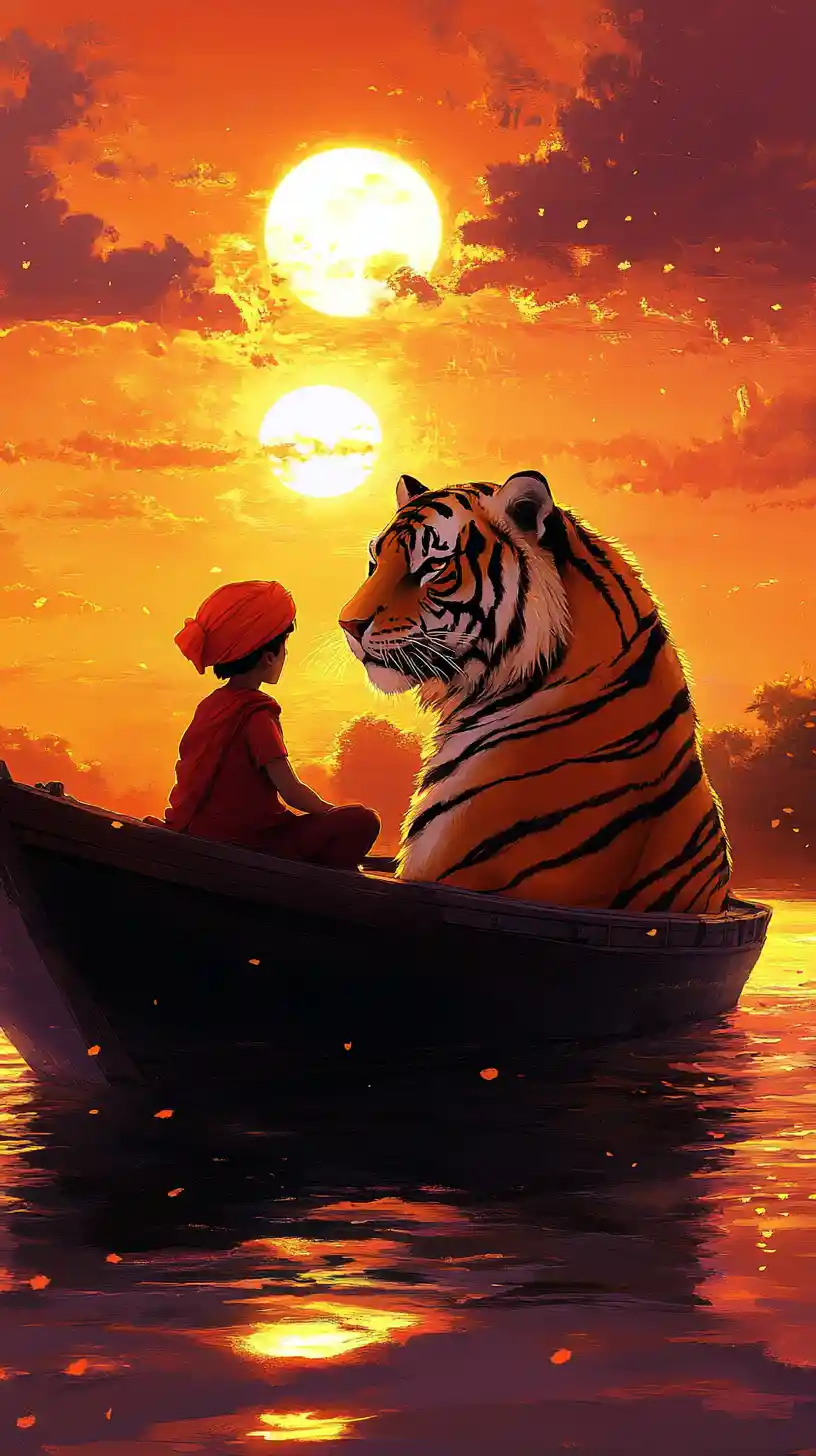 Boy with tiger on wooden boat at indian sunset