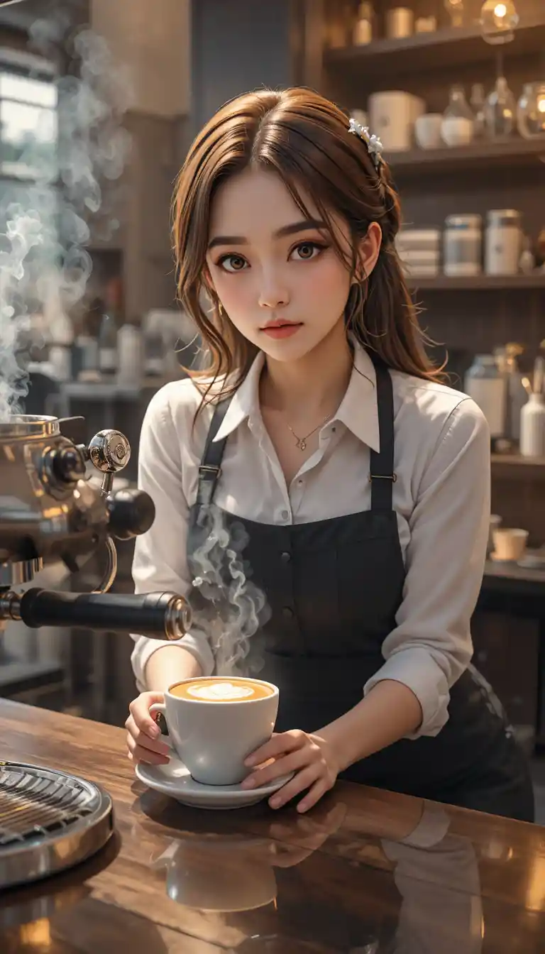 아늑한 카페에서 귀여운 라떼 아트를 만드는 매력적인 바리스타
