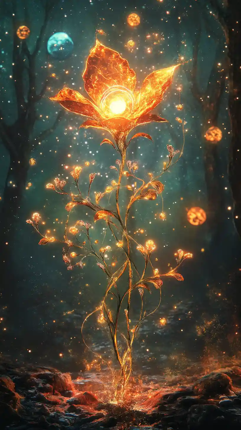 Ancienne plante magique brillant sous un ciel étoilé lointain