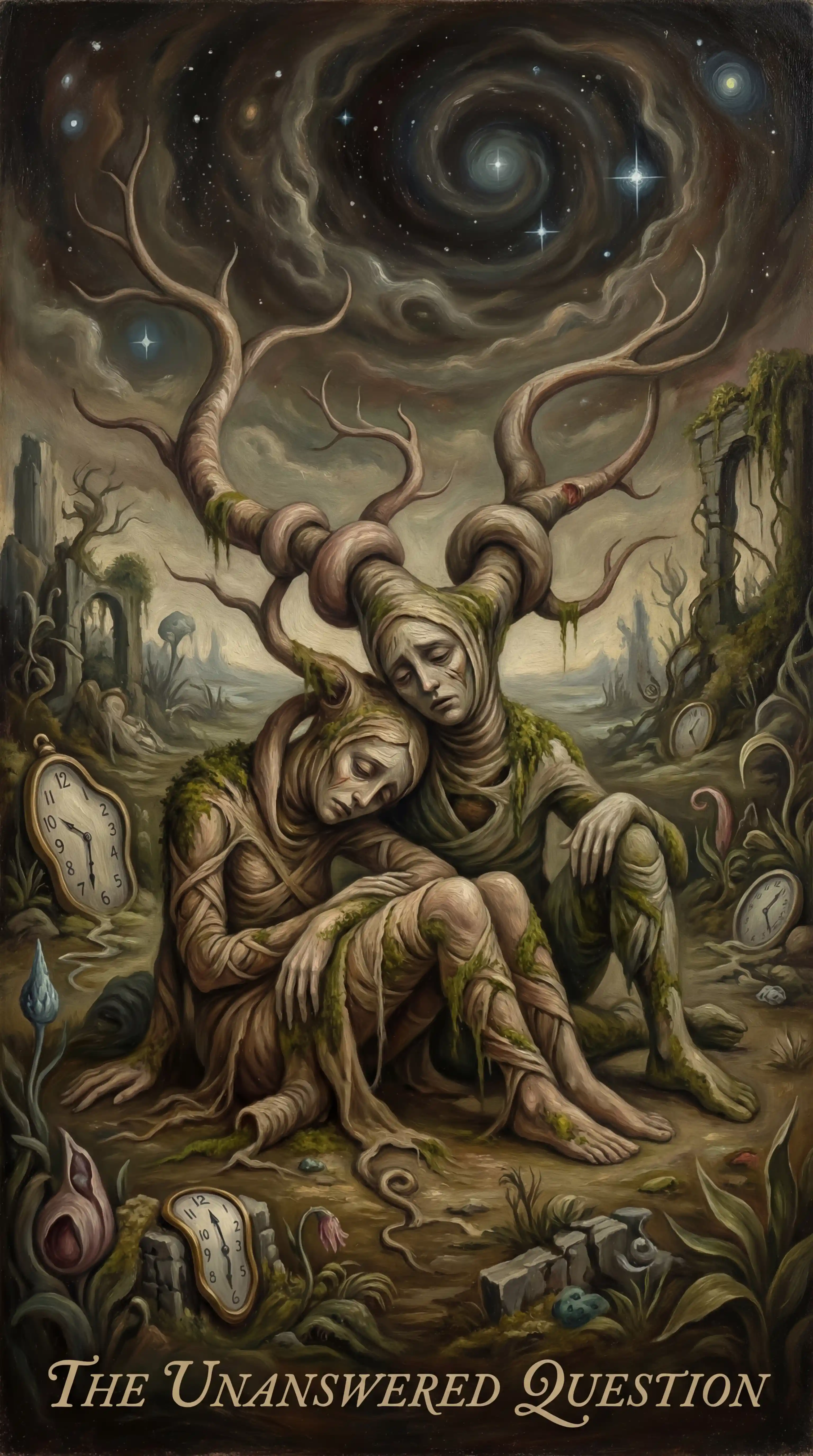 Pintura a óleo surreal de criaturas tubulares sencientes e retorcidas