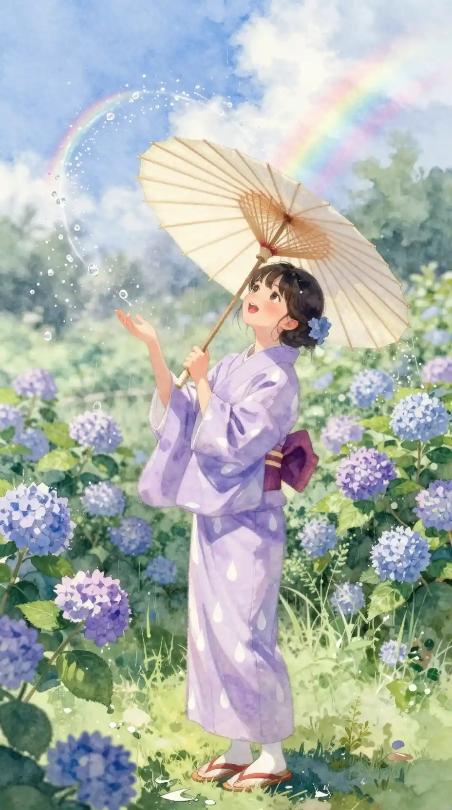 Ragazza in yukata ad acquerello con ombrellino di carta che gira