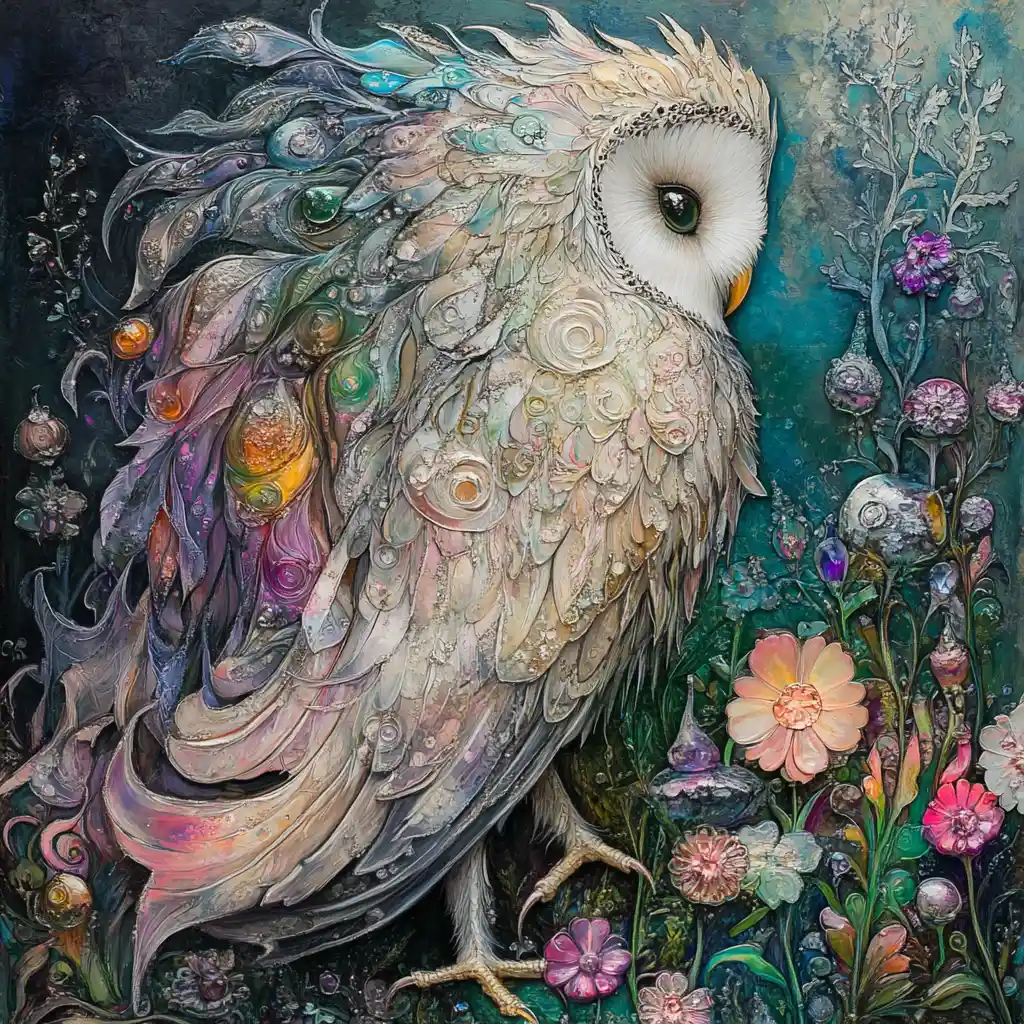 Skeletal owl with iridescent glass mane in glass flower field
