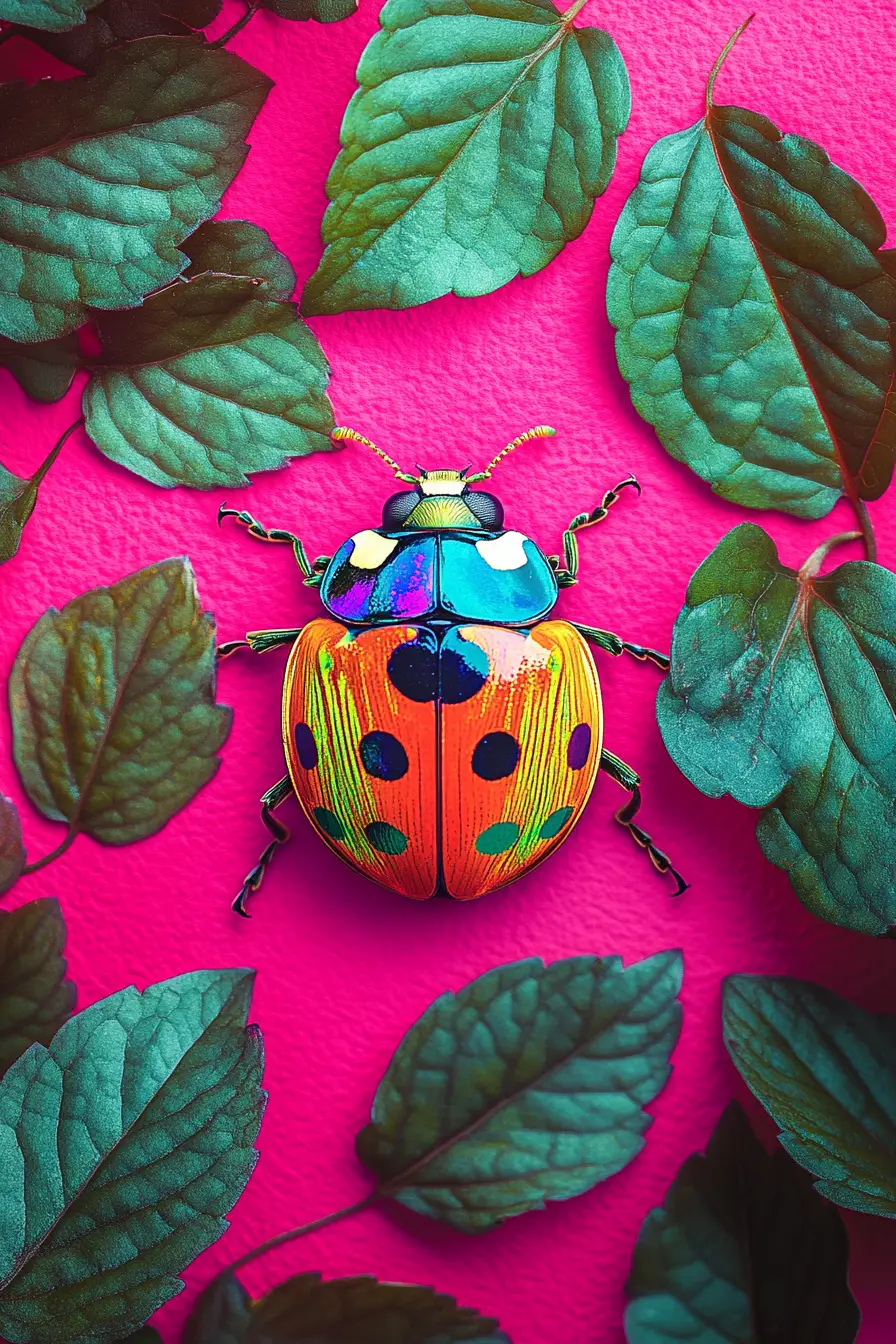 Bright ladybug on textured pink background with green leaves
