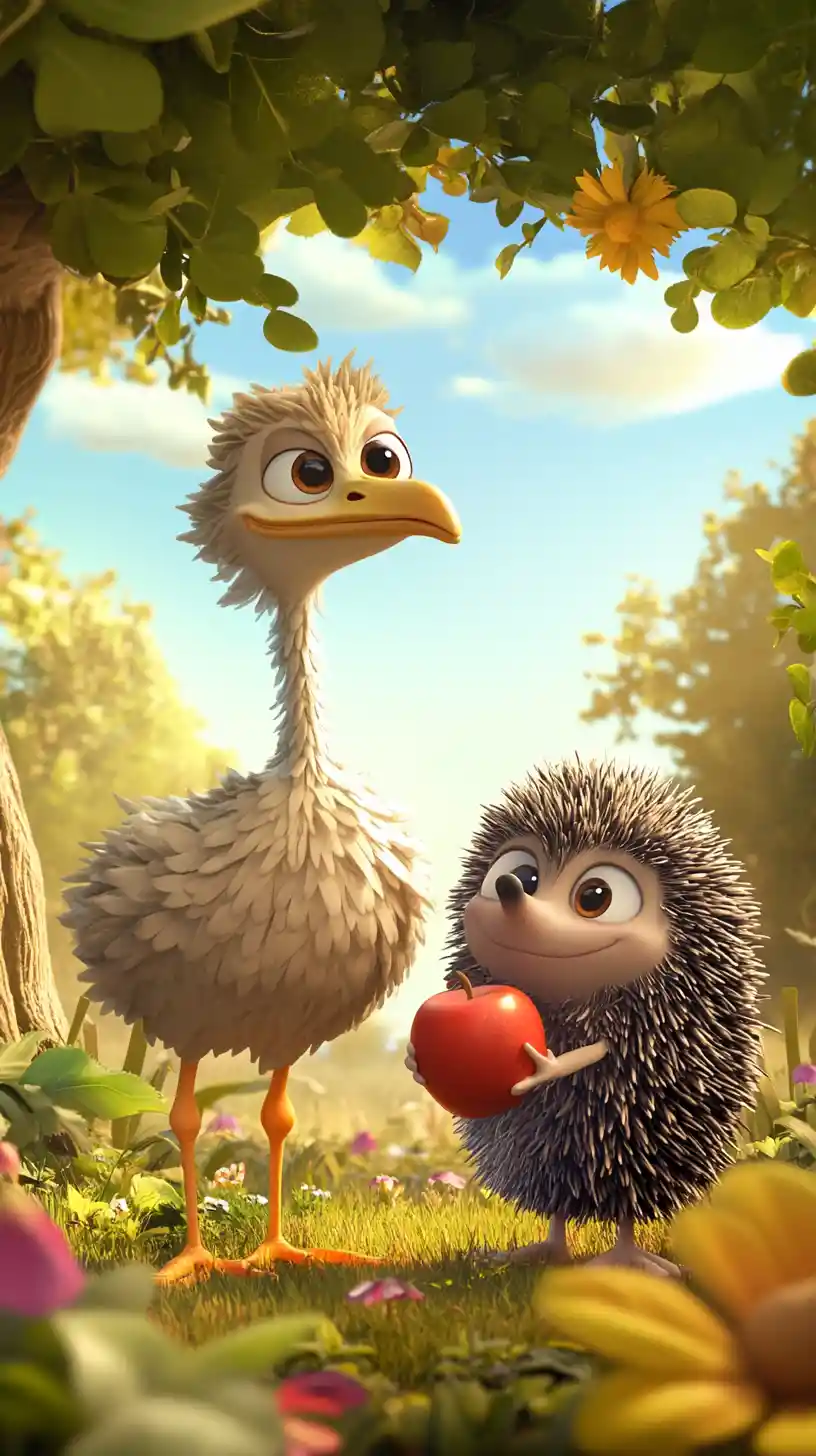 Avestruz y erizo de caricatura compartiendo una manzana en el bosque