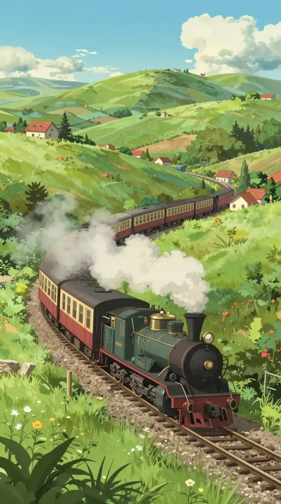 Countryside train crossing rolling green hills in sunlight