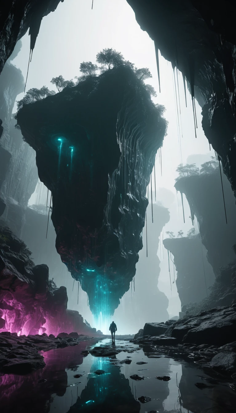 Caverna Bioluminescente con Centro Cittadino Futuristico Fluttuante