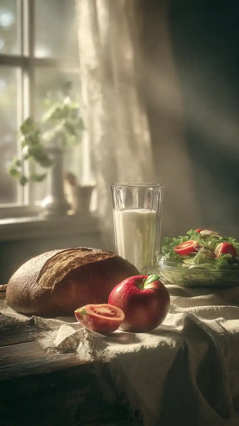 Rustic kitchen still life with fresh food and milk