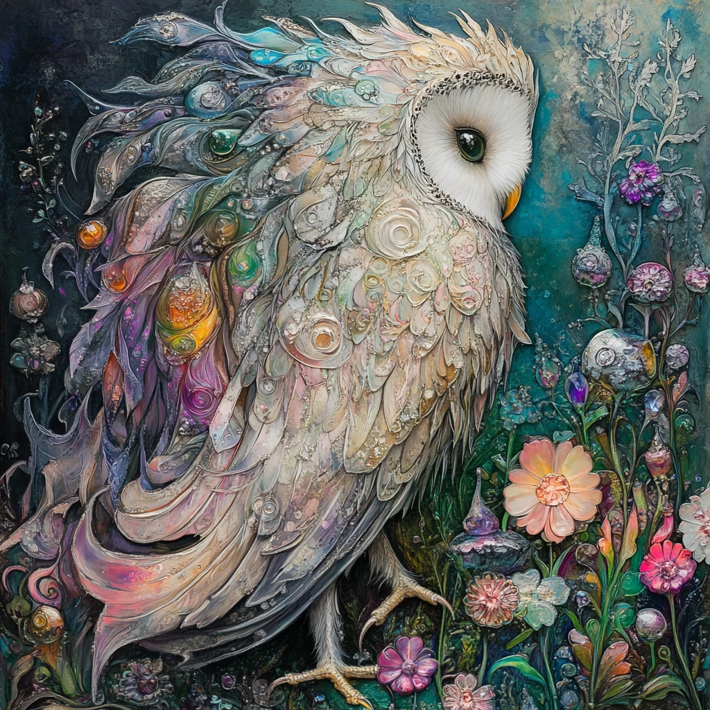 Skeletal owl with iridescent glass mane in glass flower field