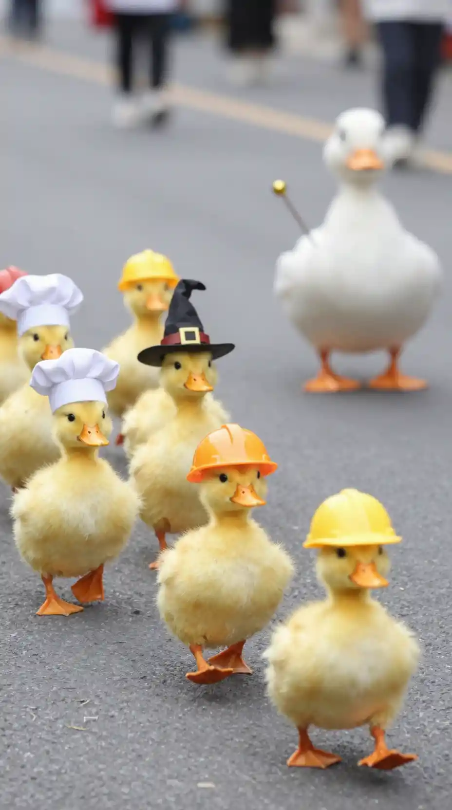 Duckling parade marching in step with playful hats