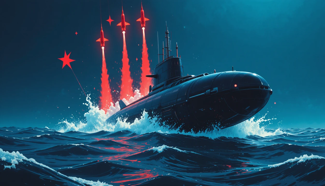 Futuristisches U-Boot, das durch dunkle Meereswellen auftaucht