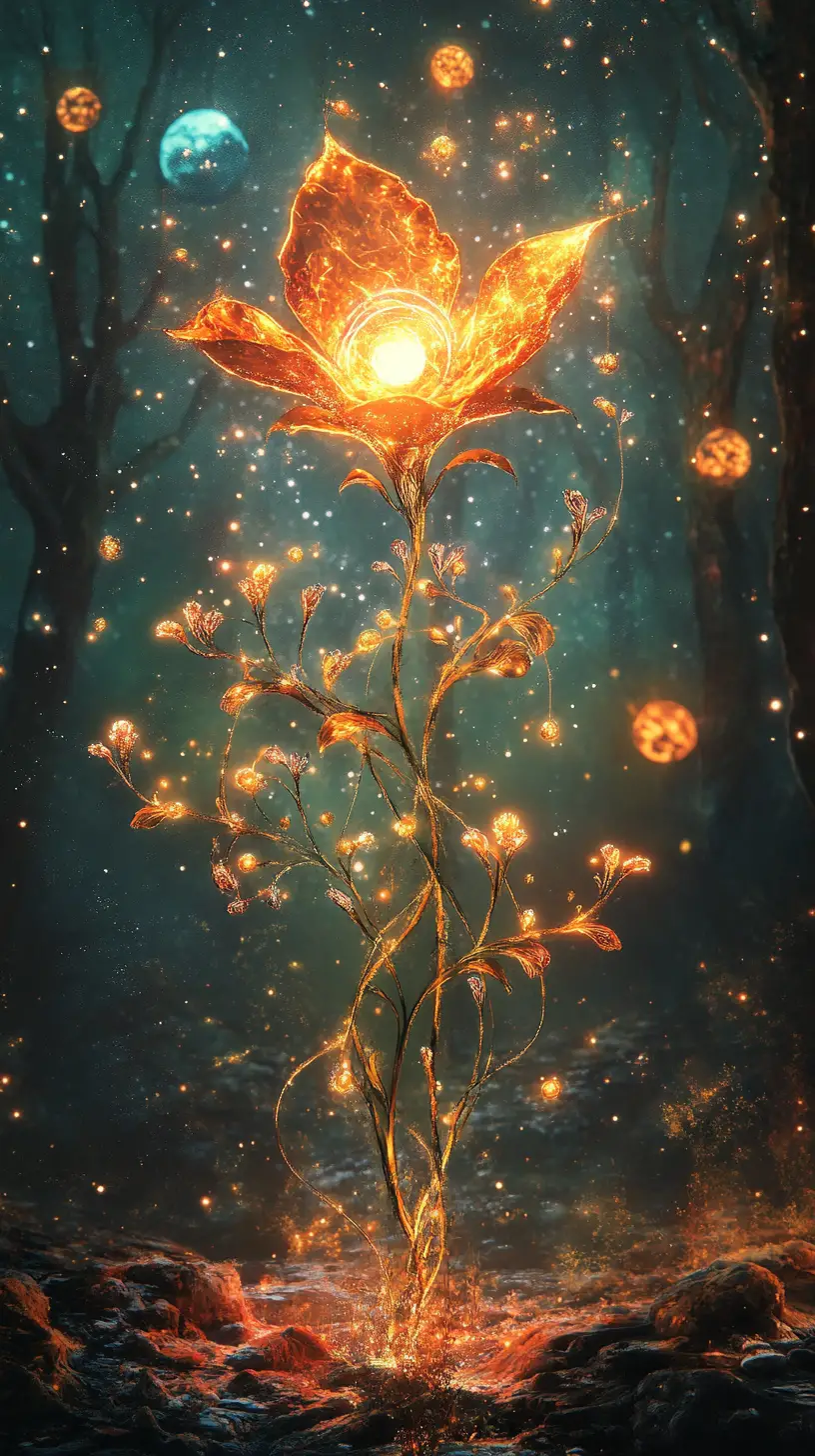 Ancient magical plant glowing under a distant starry sky