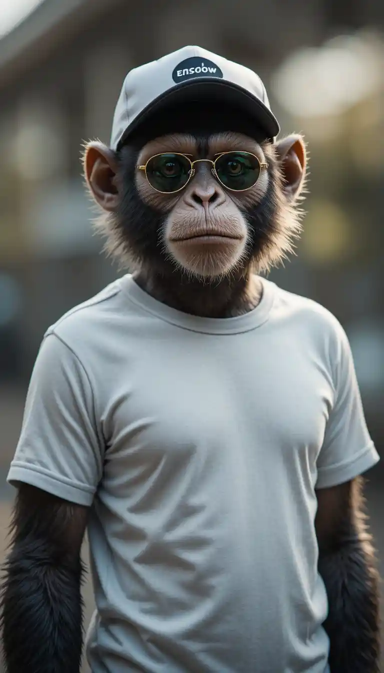 Stylish monkey in sunglasses standing like a person outdoors