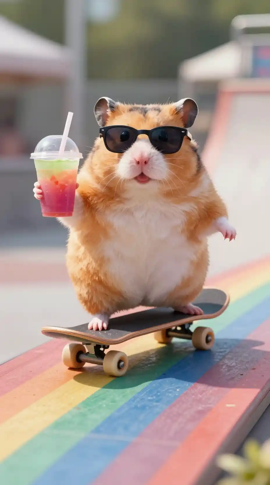 Chubby Hamster Skating Down A Rainbow Ramp With Smoothie