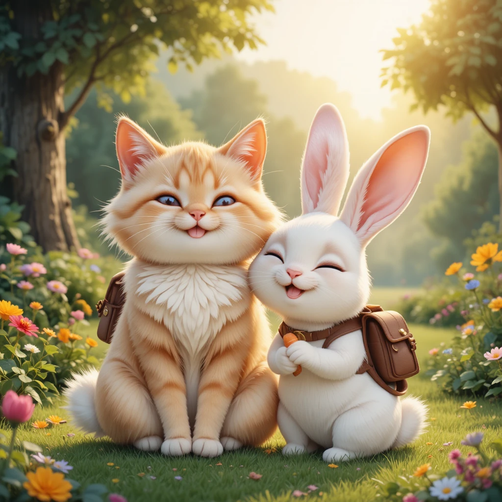 Lindo gato y conejo sentados juntos en un jardín soleado
