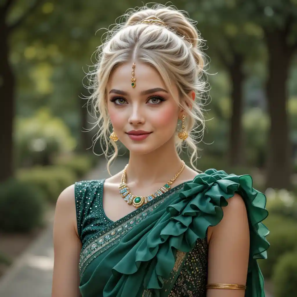 Fröhliche blonde Frau im grünen Sari im Zen-Garten