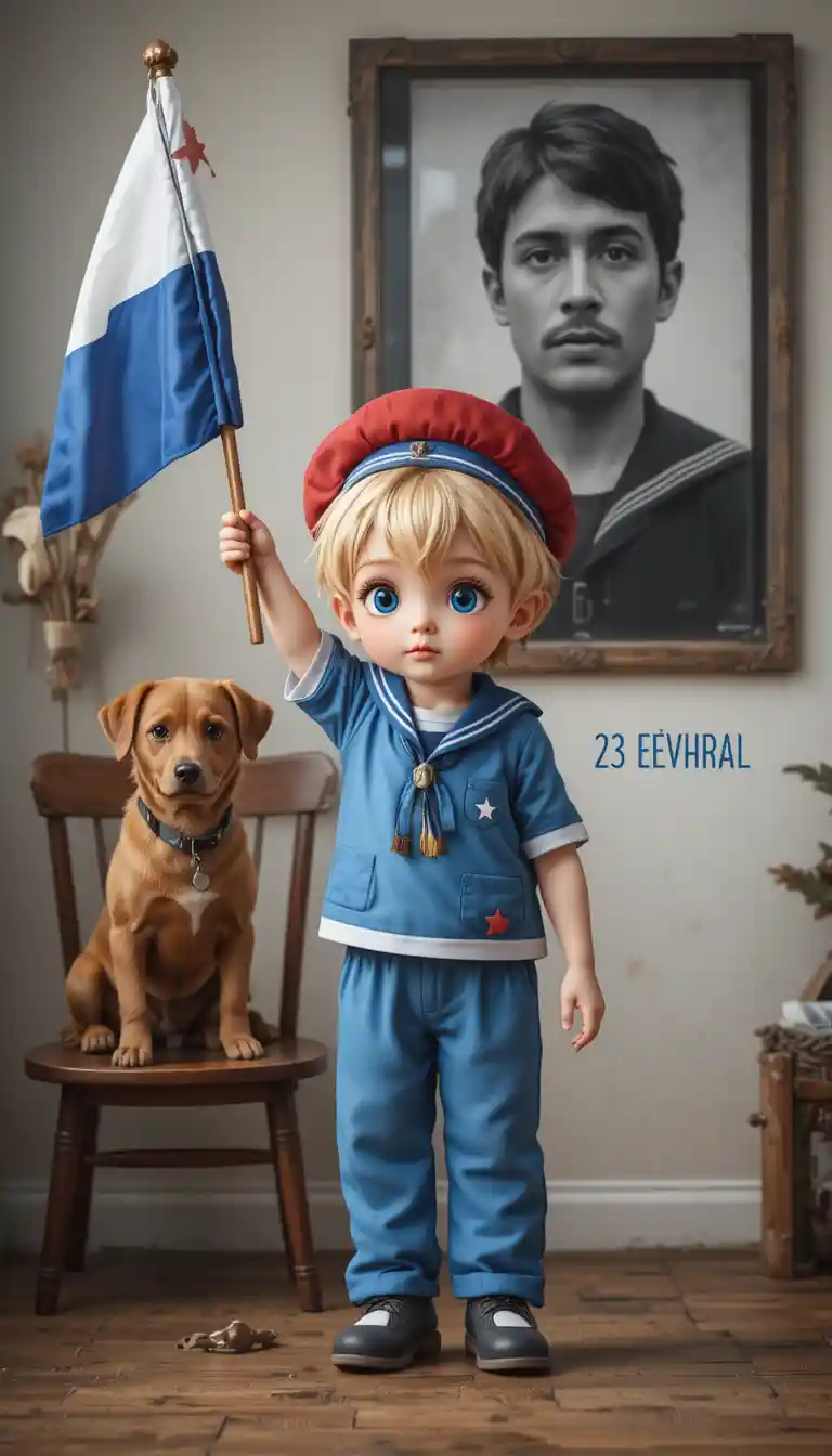 Niño rubio con traje de marinero levantando una bandera en interiores