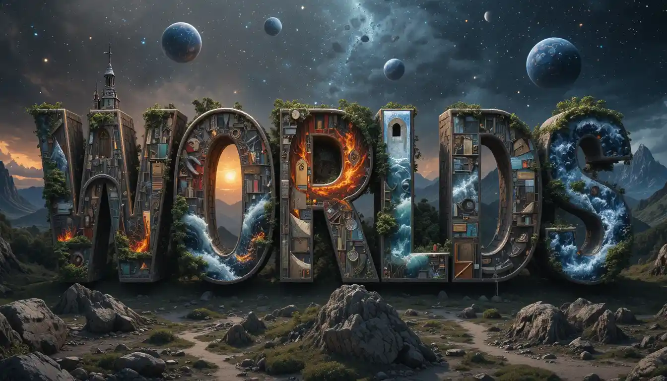 Giant fantasy letters each opening into different hidden worlds
