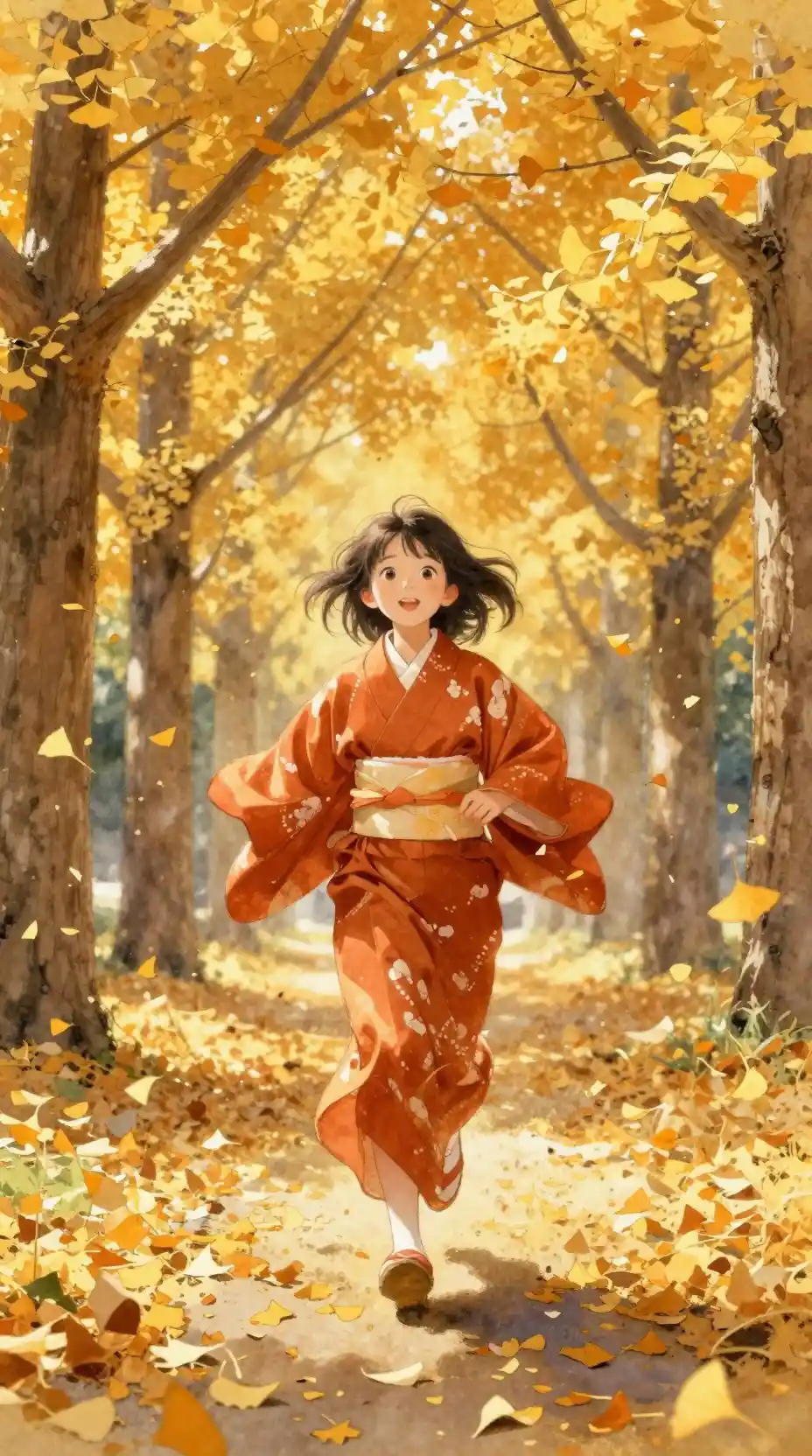 Girl in saffron kimono running through golden ginkgo leaves