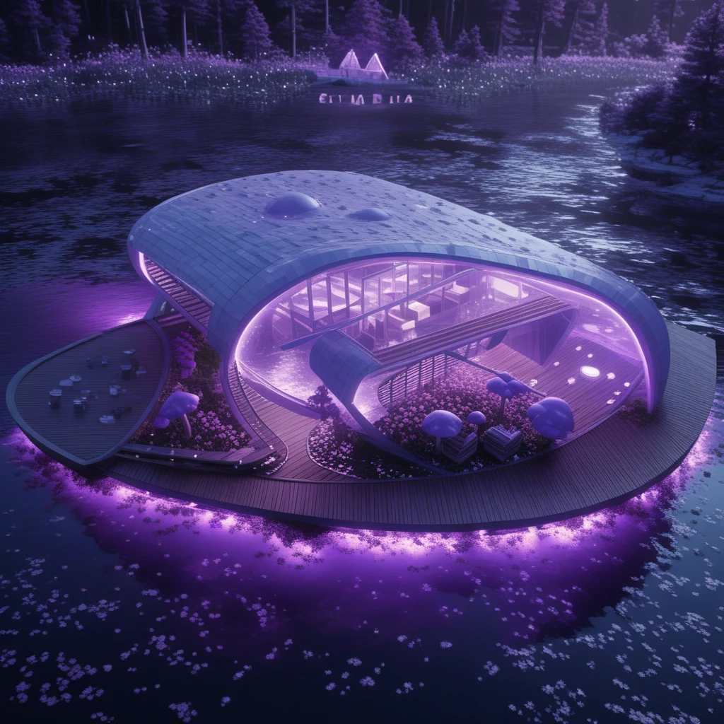 Pabellón de Vidrio Futurista en Santuario Violeta Flotante
