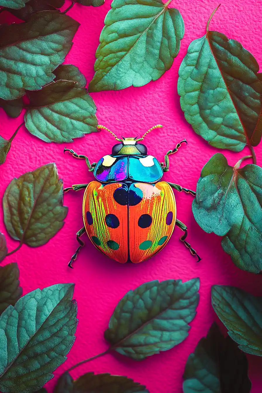 Bright ladybug on textured pink background with green leaves