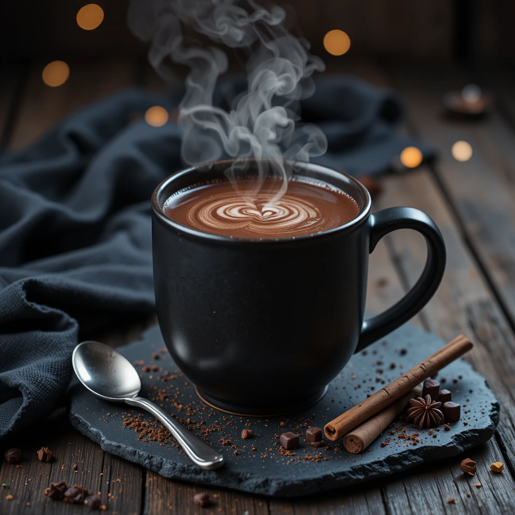 Acogedora chocolatada caliente de chai en taza negra sobre mesa oscura