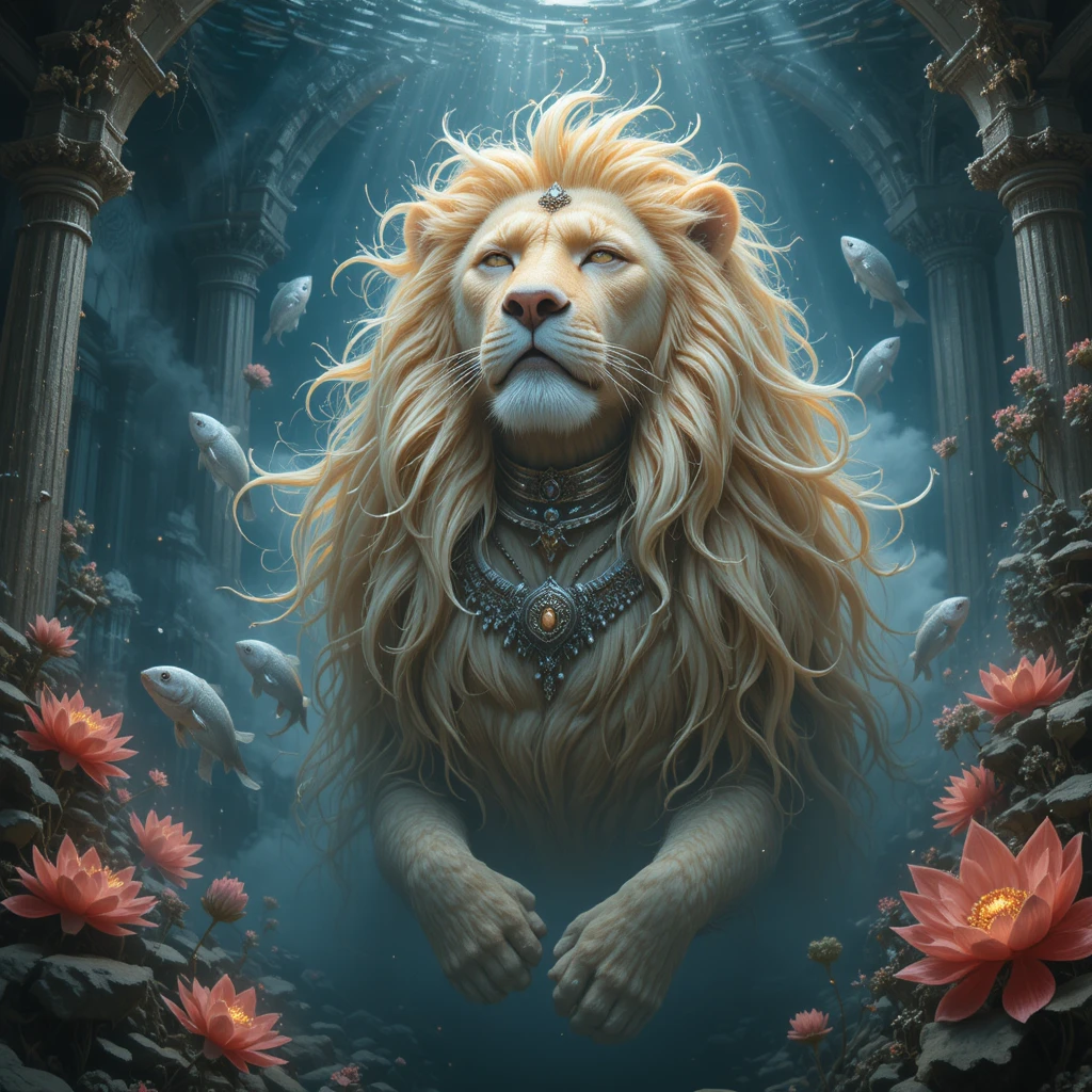 Majestuoso león dorado hundiéndose en silencio en una oscura noche submarina