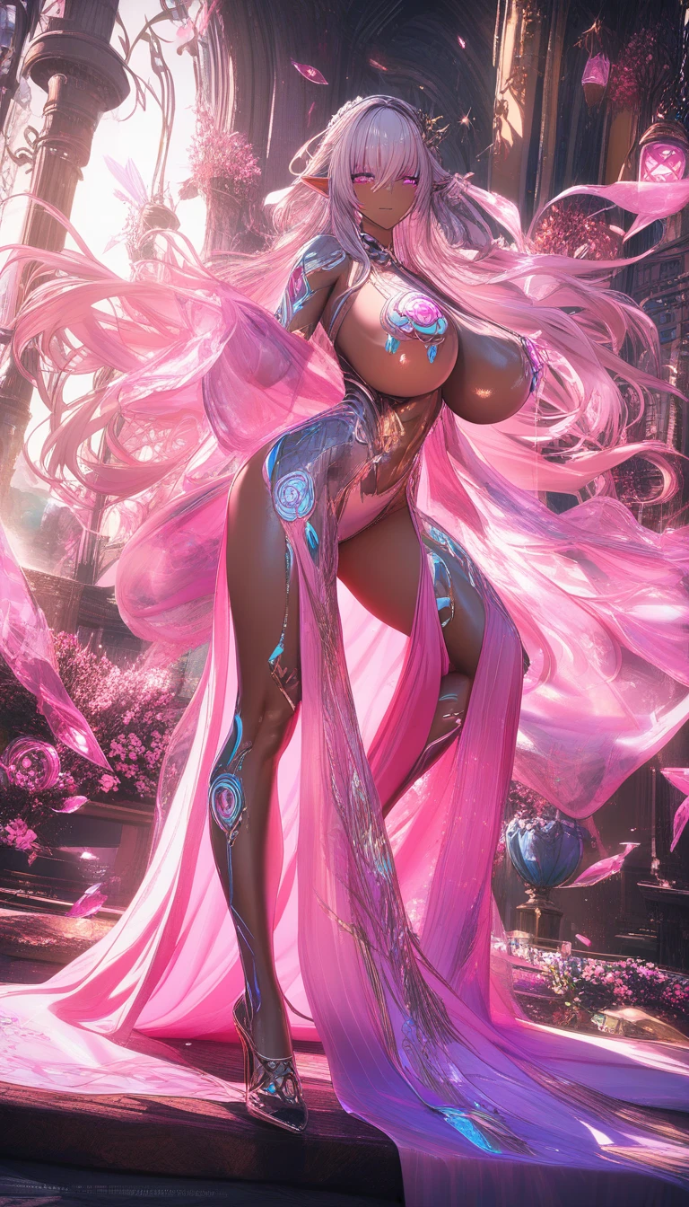 Tall elf priestess in translucent harem temple robes