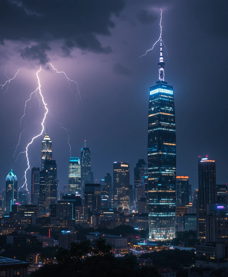 Horizonte da cidade iluminado por relâmpagos em uma tempestade dramática