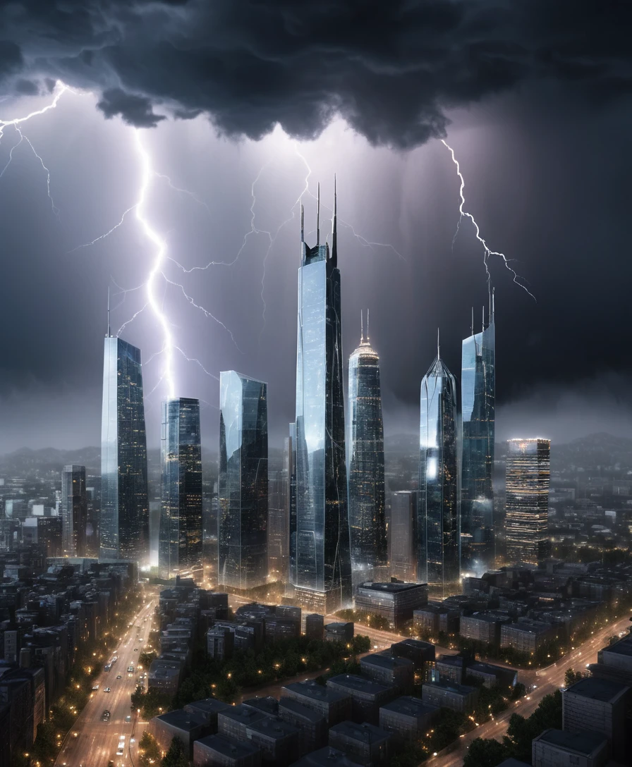 Dramatic city skyline lit by lightning in a storm