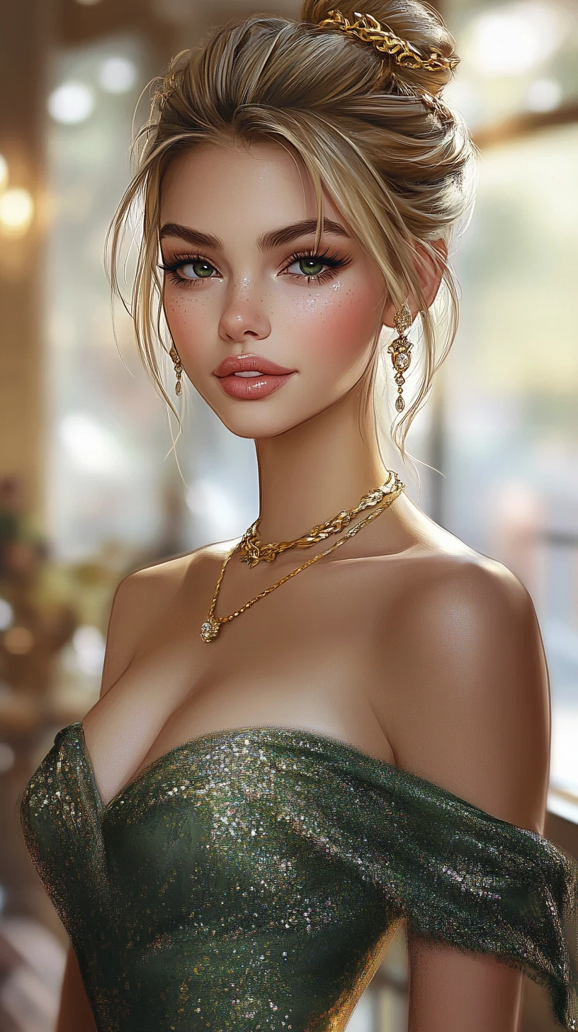 Cheerful Blonde Woman In Green Gown By Glass Wall