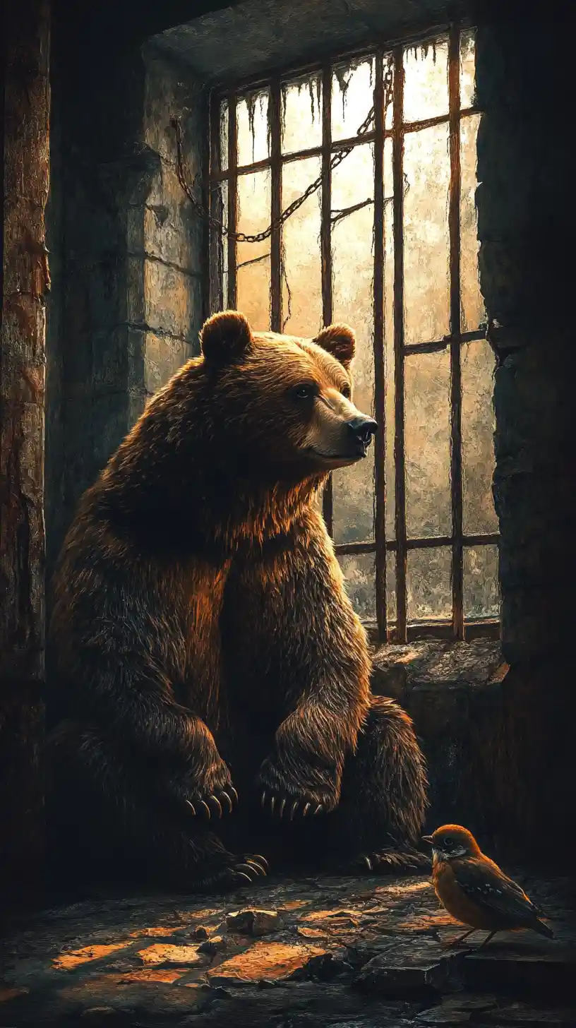 Chained Bear In A Dark Dungeon Watched By A Small Bird