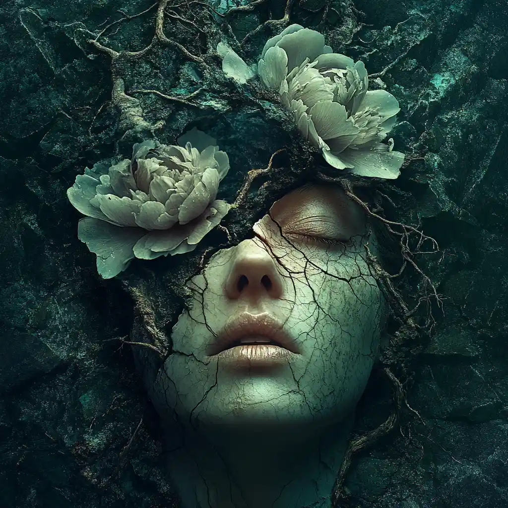 Woman Cracked Like Geode With Moss Vines And Peony Eyes