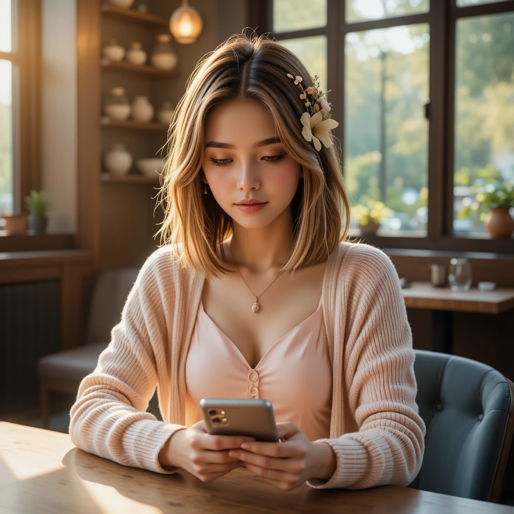 Giovane donna con smartphone nella calda luce di un caffè vintage