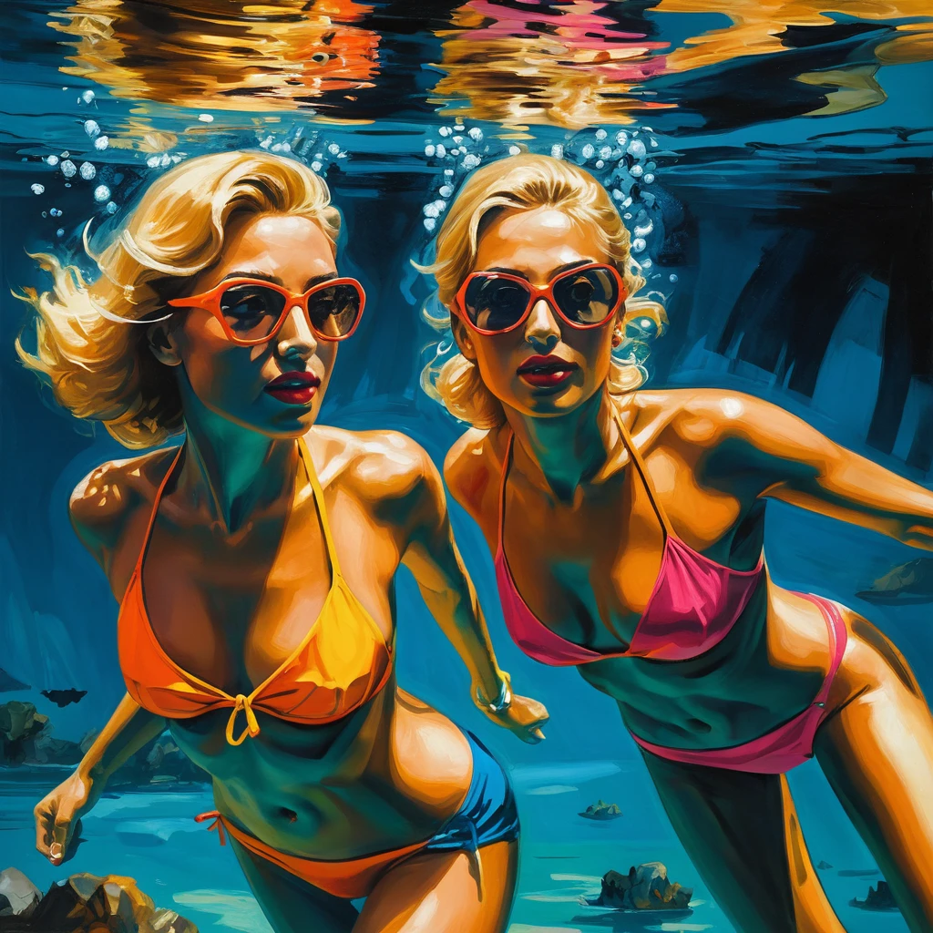 Zwei Frauen schwimmen unter Wasser in einem fantasievollen digitalen Gemälde