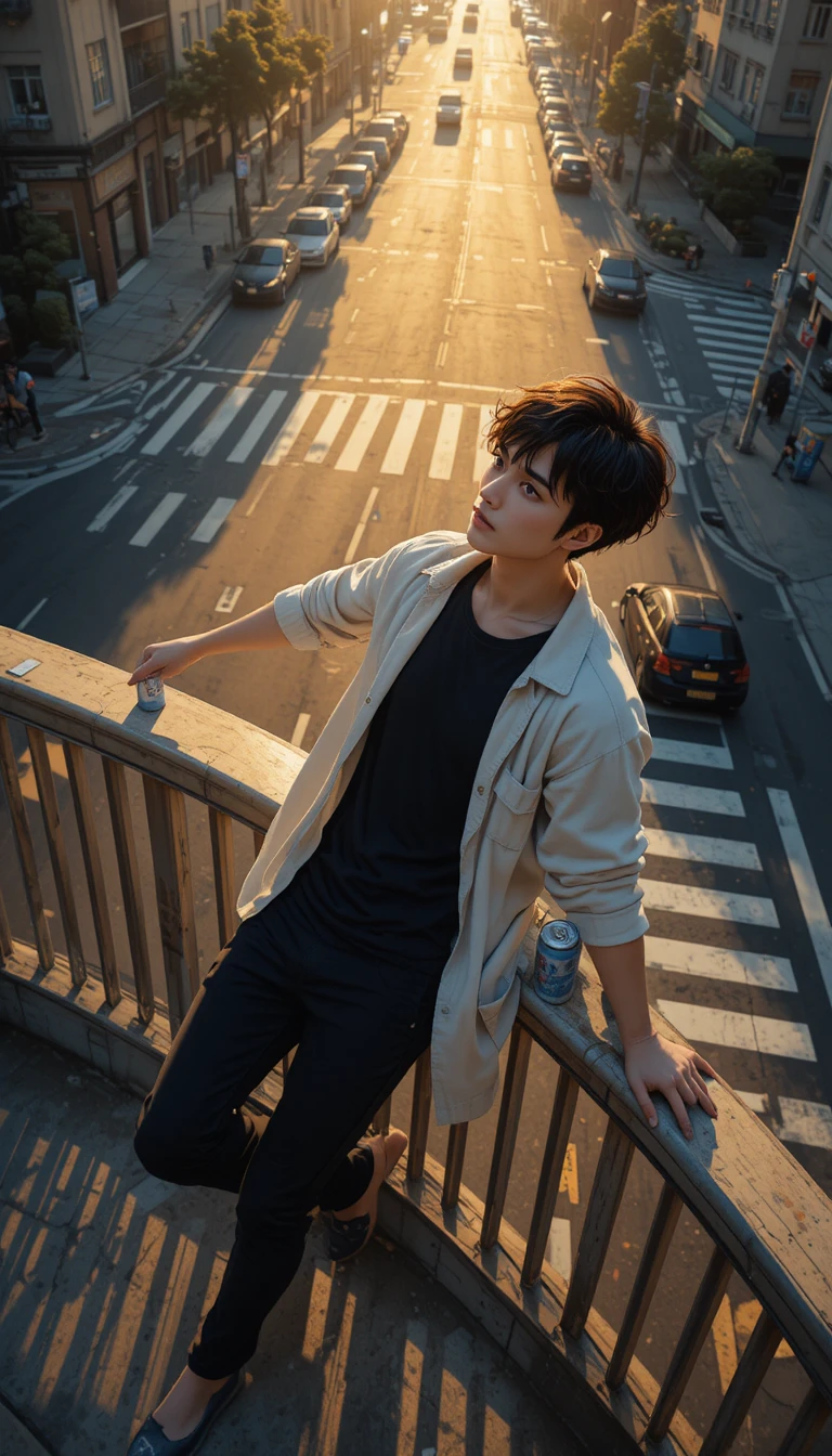 Chico de anime en un paso elevado al atardecer urbano
