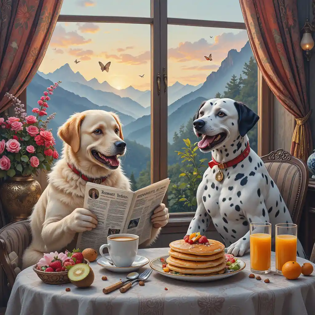 Due cani soffici che fanno colazione accanto a una finestra all’alba