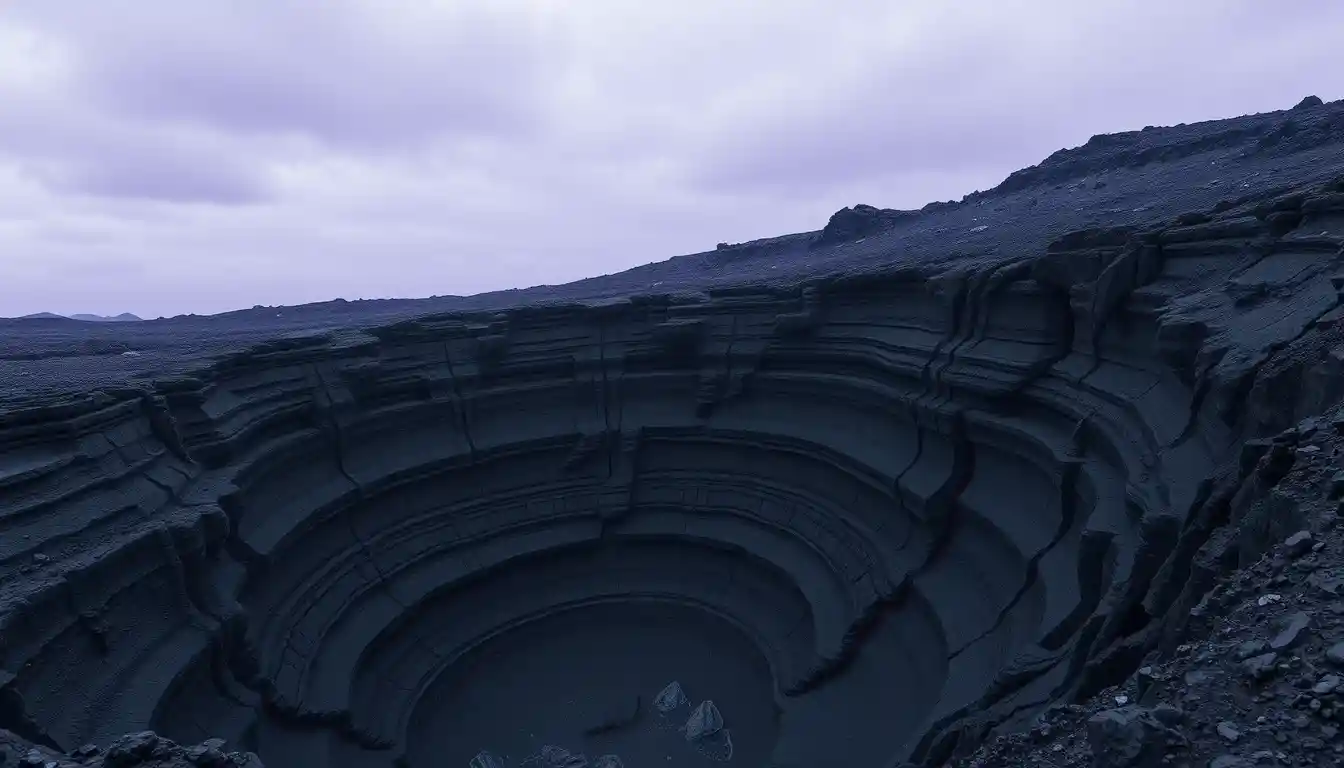 Erloschener Vulkankrater in einer Schlucht unter einem stillen fremden Himmel