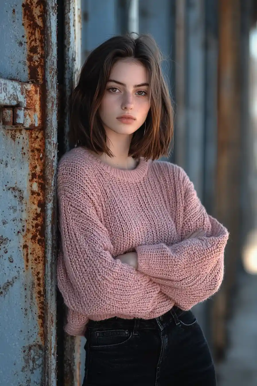 Stylish young woman in pink sweater in industrial corridor